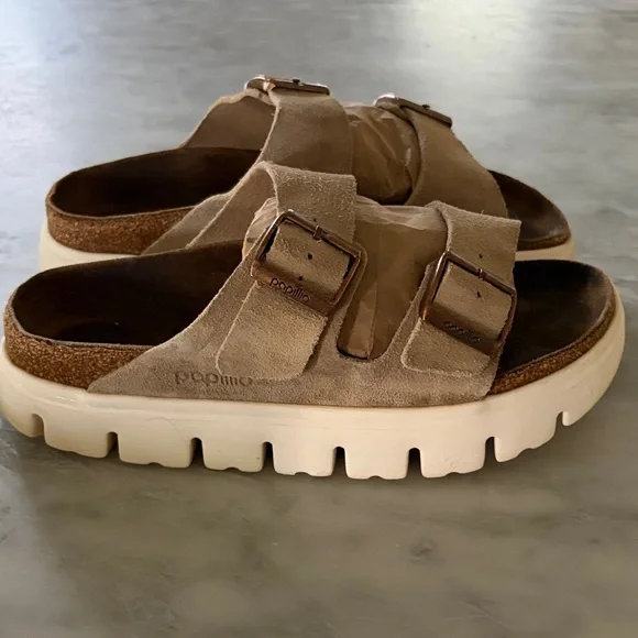 Papillio by Birkenstock Women's Double-Buckle Suede Platform Mules Tan/White - Picture 2 of 9